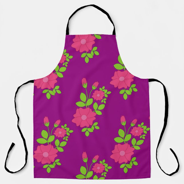 Purple seamless pattern with pink flowers and gree apron (Front)