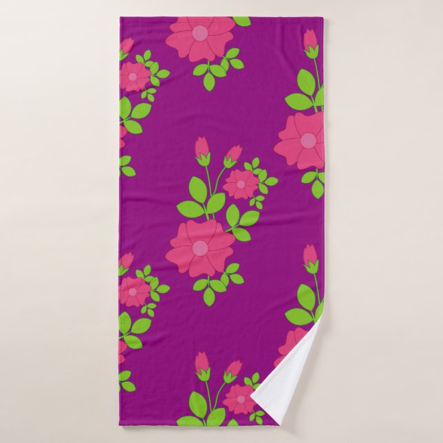Purple seamless pattern with pink flowers and gree bath towel (Bath Towel)