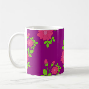 Purple seamless pattern with pink flowers and gree coffee mug