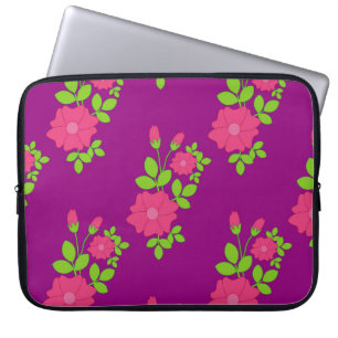 Purple seamless pattern with pink flowers and gree laptop sleeve