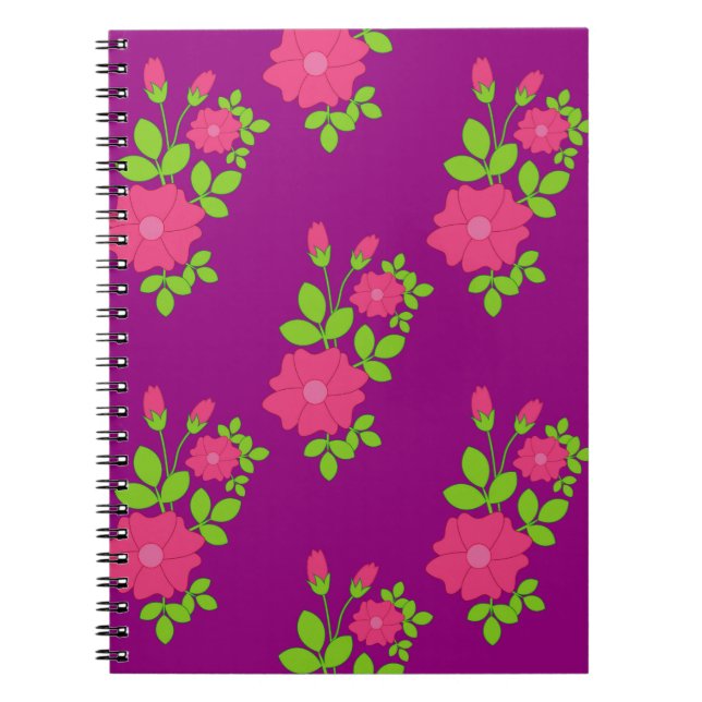 Purple seamless pattern with pink flowers and gree notebook (Front)