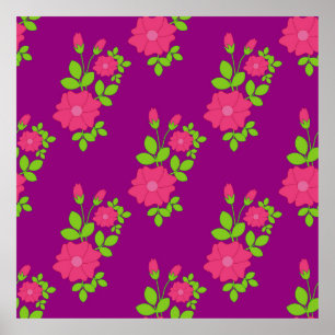 Purple seamless pattern with pink flowers and gree poster