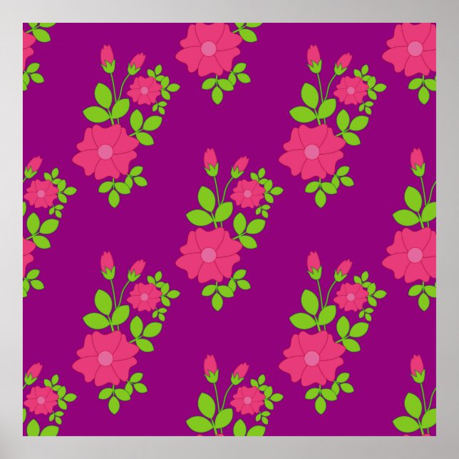 Purple seamless pattern with pink flowers and gree poster (Front)