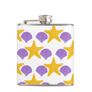 Purple Seashells Yellow Starfish Marine Life Hip Flask