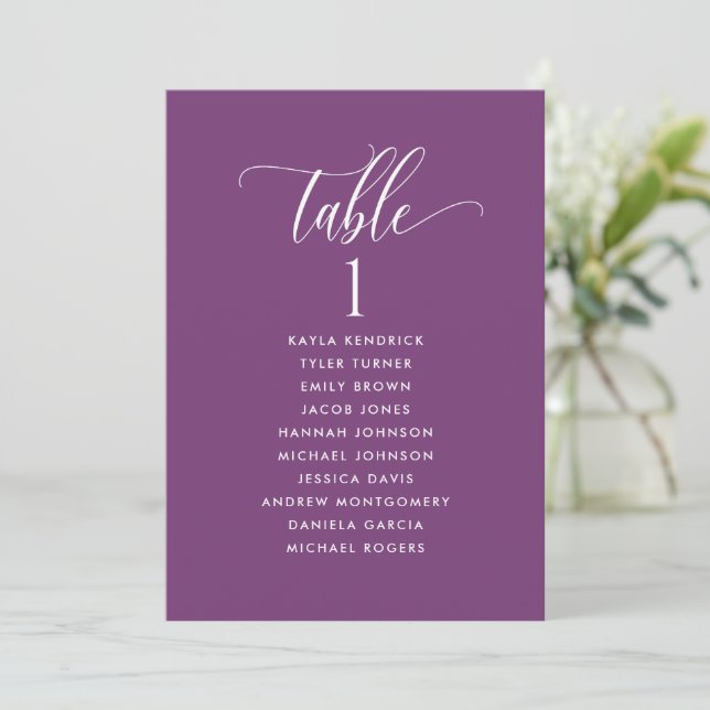 Purple, Seating Plan Cards with Guest Names (Standing Front)