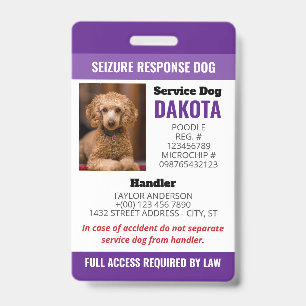 Purple Seizure Response Dog Logo QR Photo ID Badge