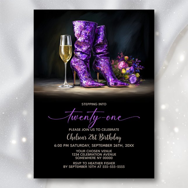 Purple Sequin Boots 21st Birthday Party Invitation (Creator Uploaded)