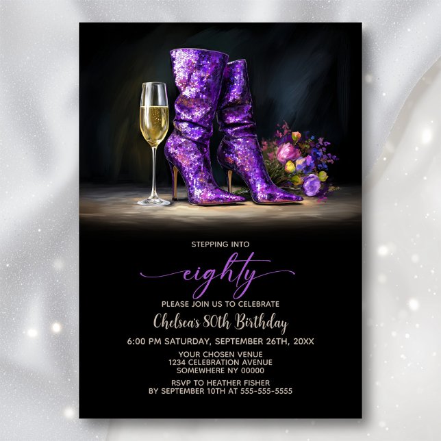 Purple Sequin Boots 80th Birthday Party Invitation (Creator Uploaded)