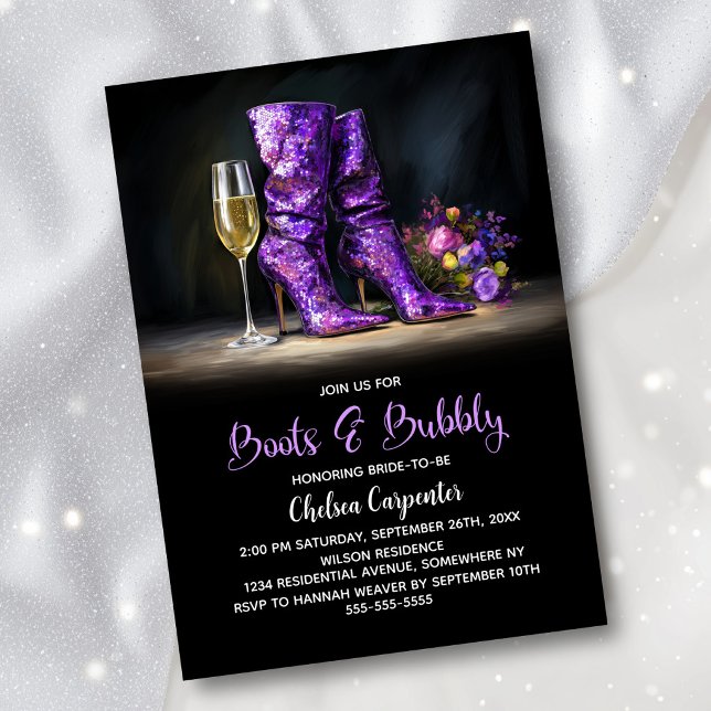 Purple Sequin Boots and Bubbly Bridal Shower Invitation (Creator Uploaded)