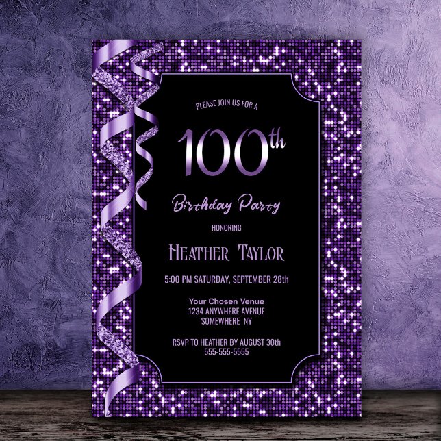 Purple Sequins 100th Birthday Party Invitation (Creator Uploaded)