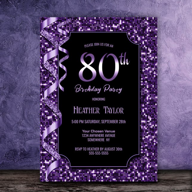 Purple Sequins 80th Birthday Party Invitation (Creator Uploaded)