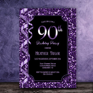 Purple Sequins 90th Birthday Party Invitation