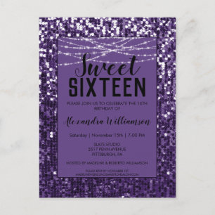 Purple Sequins/Glitter Chic Sweet 16 Invitation Postcard