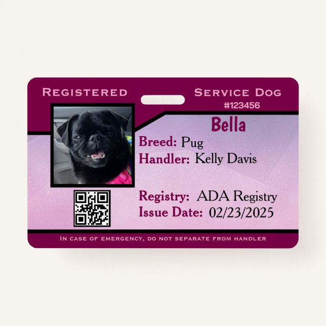 Purple service dog ID card ID Badge (Front)