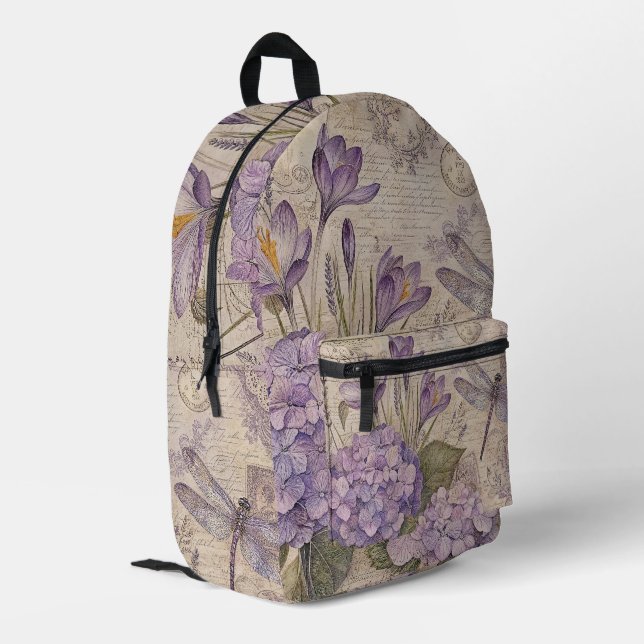 Purple Shabby Chic Hydrangeas Printed Backpack (Back Corner Left)