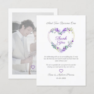 Purple Shades Floral Watercolor Heart Custom Photo Thank You Card