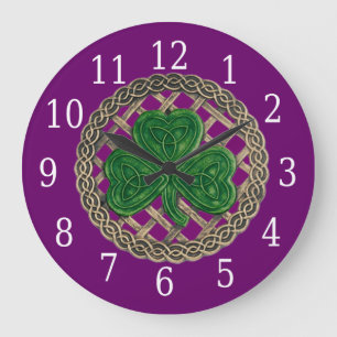 Purple Shamrock And Celtic Knots Round Clock