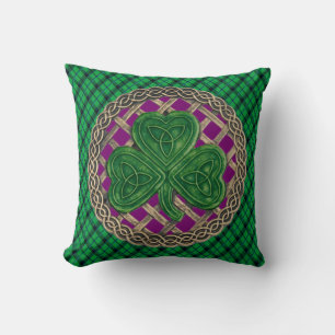 Purple Shamrock Celtic Knots On Green Plaid Cushion