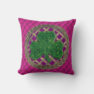 Purple Shamrock Celtic Knots On Pink Plaid Cushion