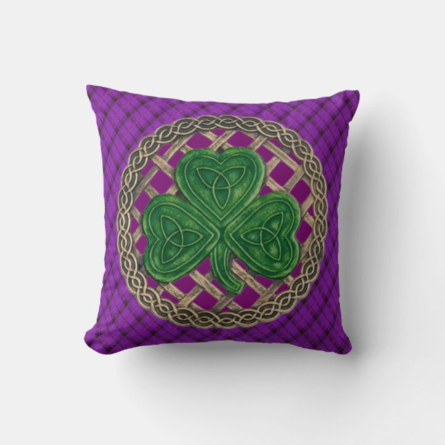 Purple Shamrock Celtic Knots On Purple Plaid Cushion (Front)