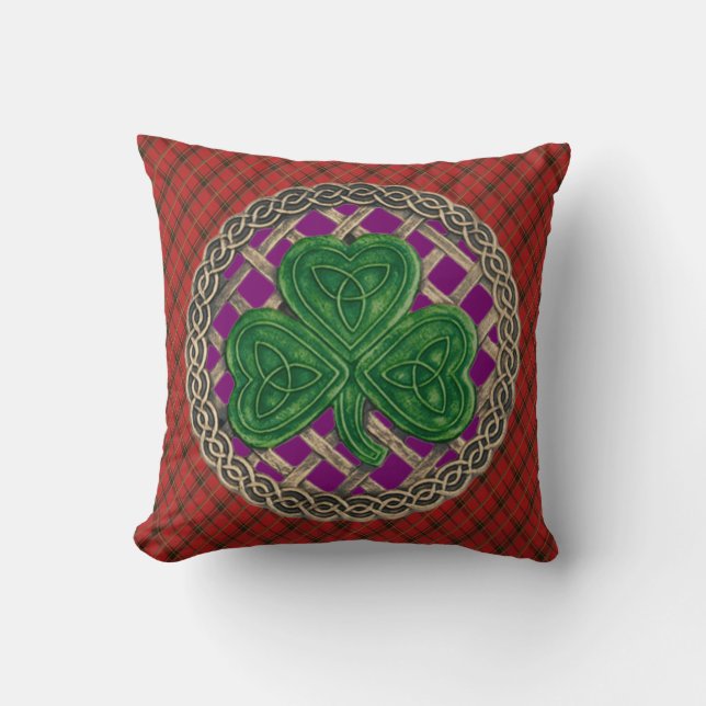 Purple Shamrock Celtic Knots On Red Plaid Cushion (Front)