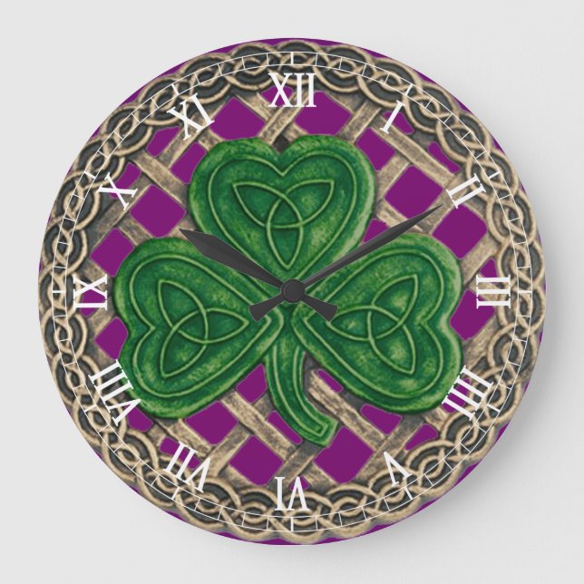 Purple Shamrock &amp; Celtic Knots Roman Numeral Clock (Front)