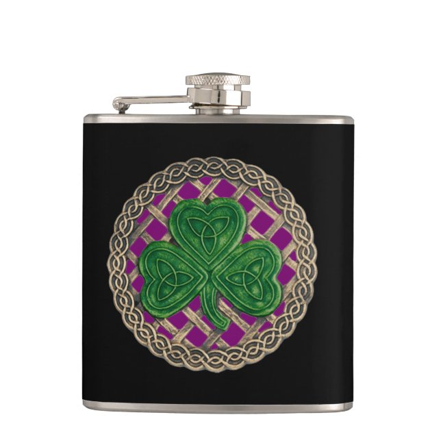 Purple Shamrock On Celtic Knots Flask (Front)