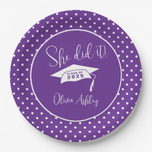 Purple She Did It Graduation Paper Plate