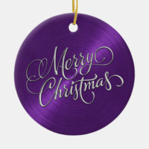 Purple Sheen and Silver Merry Christmas Ceramic Ornament