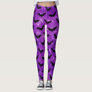 Purple Shimmer Glitter and Black Bats Halloween Leggings