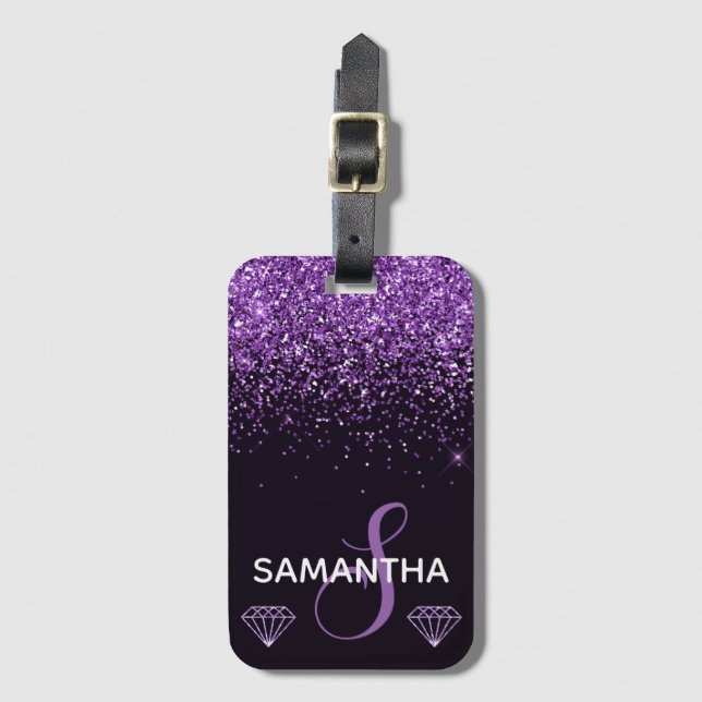 Purple Shimmer Glitter & Diamonds Monogram Luggage Tag (Front Vertical)