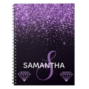 Purple Shimmer Glitter & Diamonds Monogram Notebook