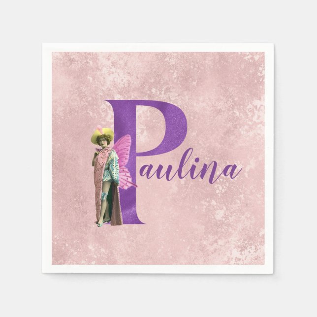 Purple Shimmer Illustrated Letter P Add Name  Napkin (Front)