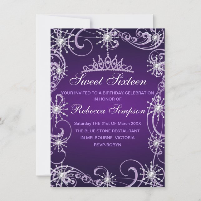 Purple Shimmer Snowflake Birthday Invite (Front)