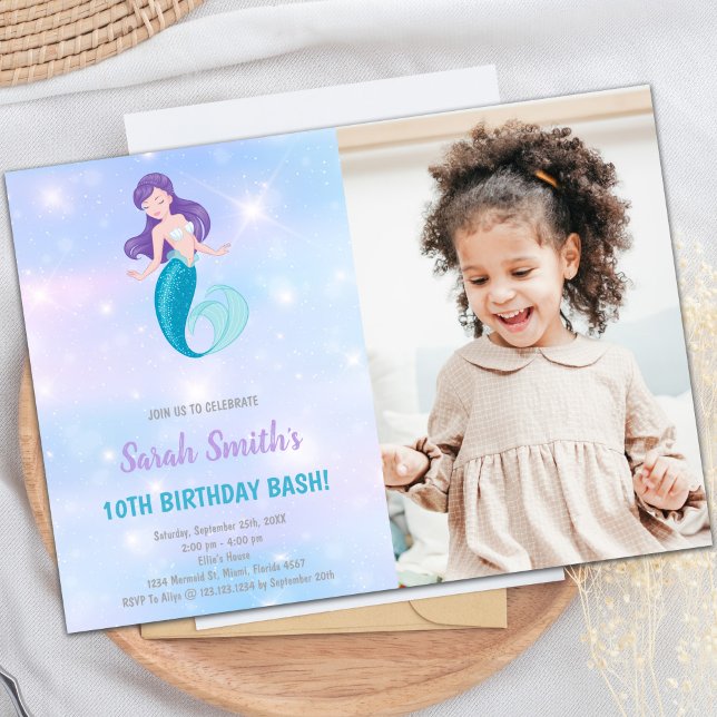 Purple Shine Mermaid Birthday Invitations (Purple shine Mermaid Birthday Invitations w Photo)