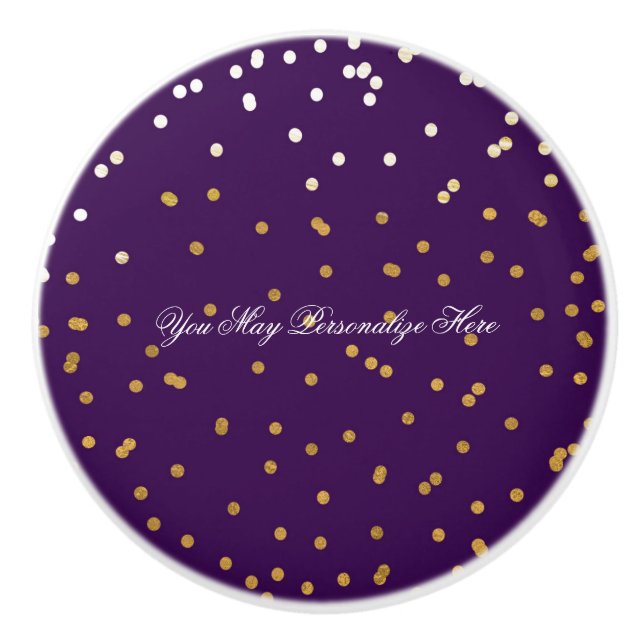 Purple & Shiny Gold Faux Foil Confetti Dots Glam Ceramic Knob (Front)