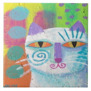 Purple Siamese Cat Abstract Painting Ceramic Tile