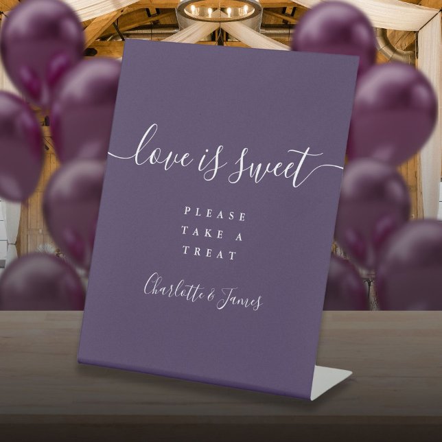 Purple Signature Script Love Is Sweet Favor Pedestal Sign (Purple Signature Script Love Is Sweet Favor Pedestal Sign)