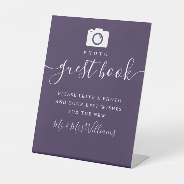 Purple Signature Script Photo Guest Book Pedestal Sign (Front)