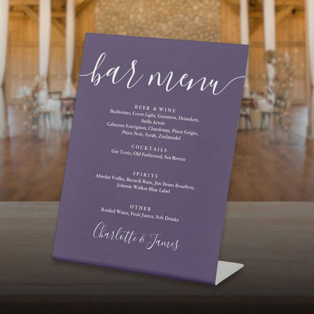 Purple Signature Script Wedding Bar Menu Pedestal Sign (Purple Signature Script Wedding Bar Menu Pedestal Sign)