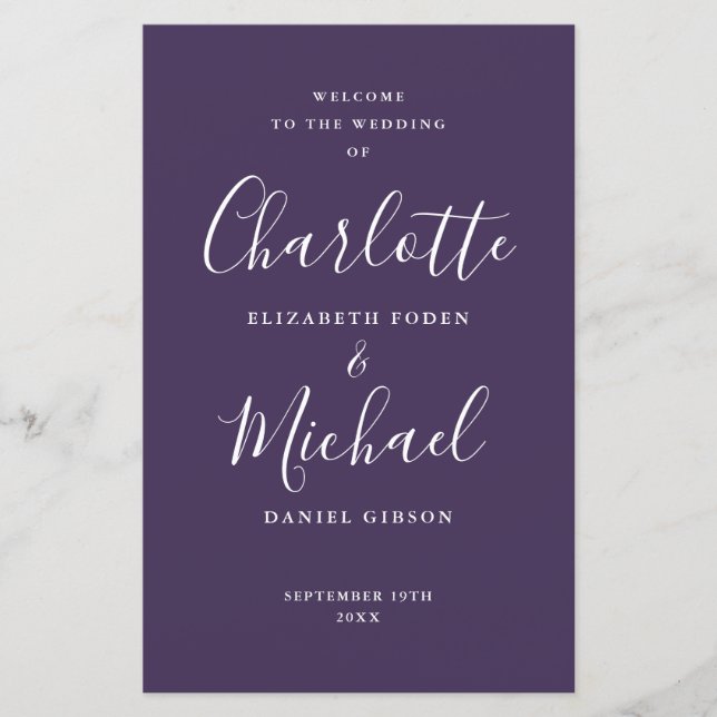 Purple Signature Script Wedding Program (Front)