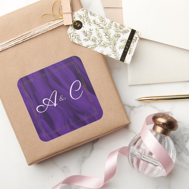 Purple Silk and Gold Monogrammed Square Sticker (Creator Uploaded)
