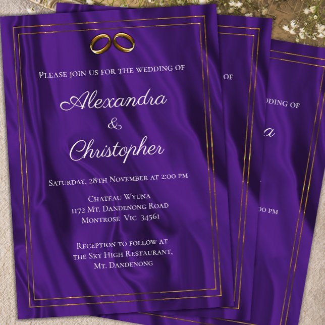 Purple Silk and Gold Rings Wedding Invitation (Creator Uploaded)