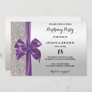 Purple Silk Bow Silver Sequins 18th Birthday Invitation