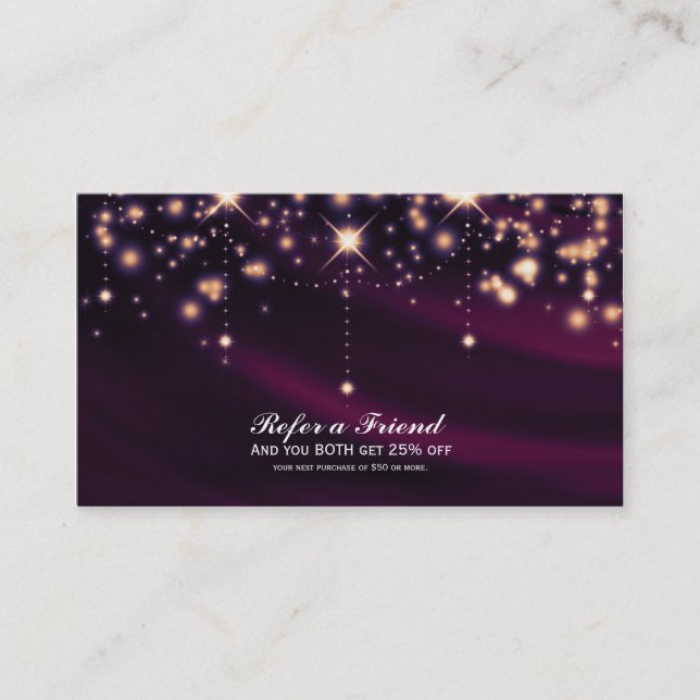 Purple Silk & Gold Sparkle Salon Refer A Friend Referral Card (Front)