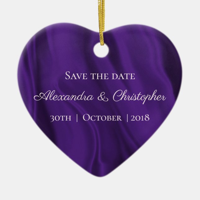 Purple Silk Wedding Save the Date Ceramic Ornament (Front)