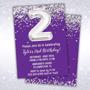 Purple Silver 2nd Birthday Party Invitation