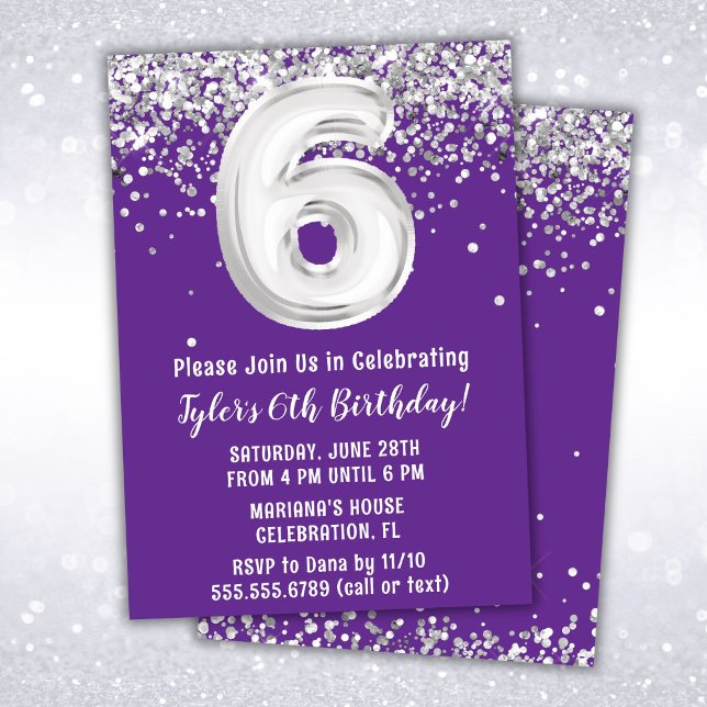 Purple Silver 6th Birthday Party Invitation (Creator Uploaded)