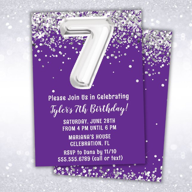 Purple Silver 7th Birthday Party Invitation (Creator Uploaded)