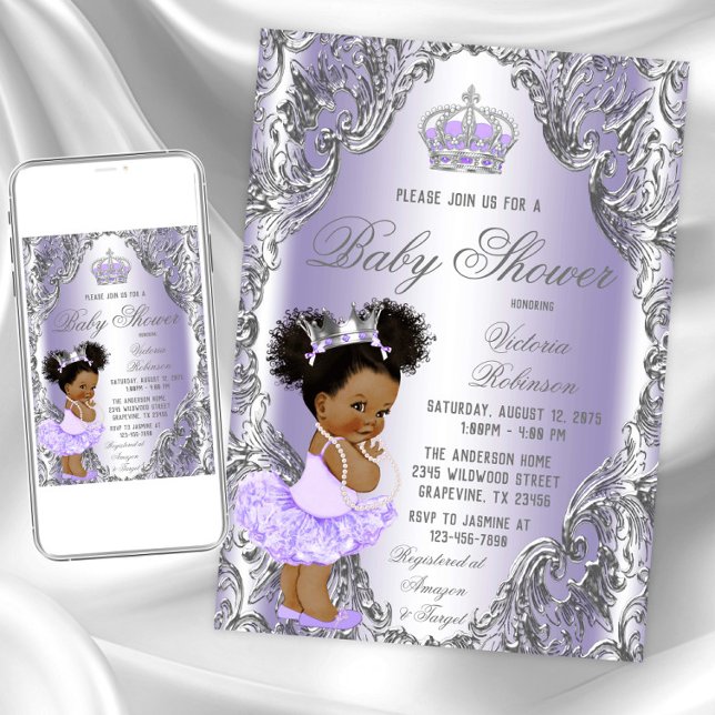 Purple Silver Afro Hair Princess Baby Shower  Invitation (Lavender silver baby shower invitation. Instant download and printed invitations available.)